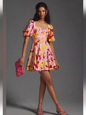 Anthropologie Floral Pink Red Puff Sleeve Romantic Short Mini Dress Size 4
